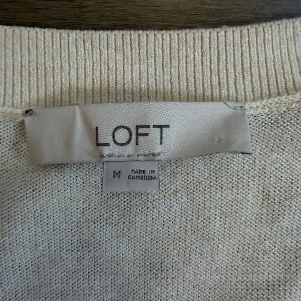 LOFT Womens Striped V-Neck Sweater Cream Pink Orange‎ Grey Size M Relaxed Fit